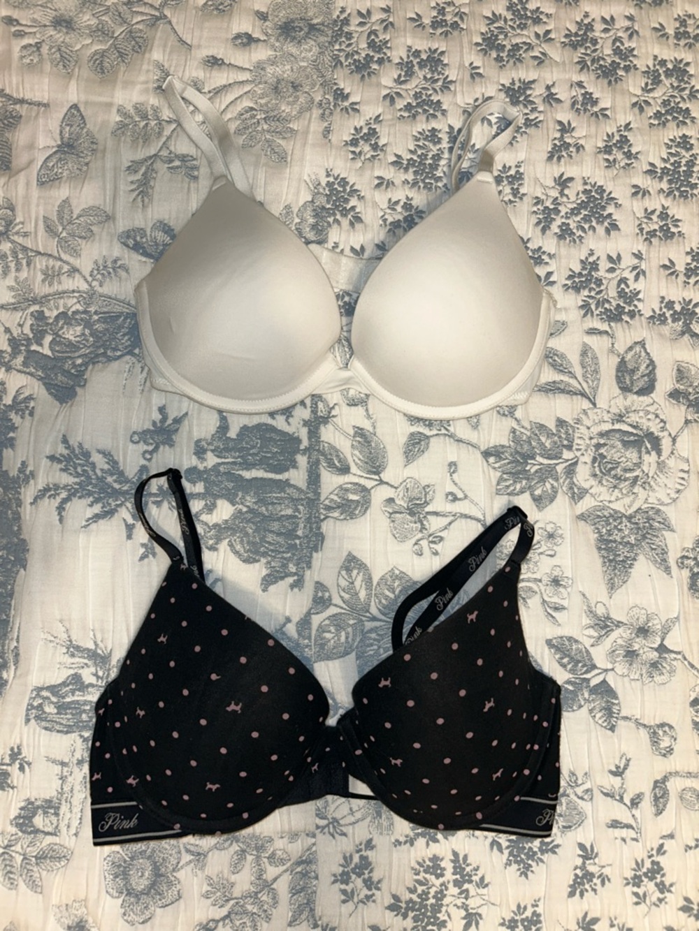 PINK Victoria's Secret White T-Shirt Bra + Black Dot Print Bra